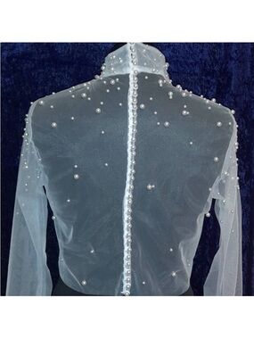 Bridal Pearl Overlay - Sheer Pearl-Embellished Mock Neck Top - White